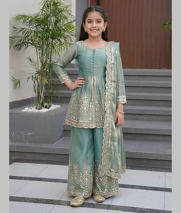 kedar fab Girls Silk Kurti with Palazzo ( Pack of 1 , Teal )