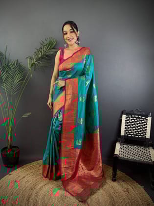 Teal Soft Silk Peacock Pattern Zari Weaving Contrast Border Banarasi Saree