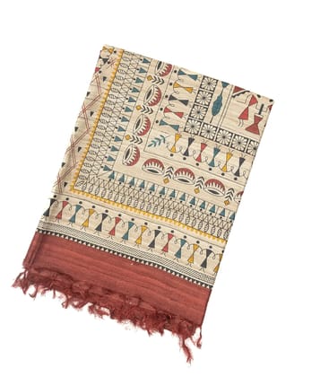 Coral Red Handloom Tussar Silk Saree With Printed Tribal Motifs-Coral