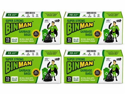 BINMAN Super Strong Garbage Bags on Roll with Detachable Thread | 15 Bags | 24 x 32  Inches | Heavy Duty Disposable Trash Bags for Home, Office & Commercial Use Pack of 4