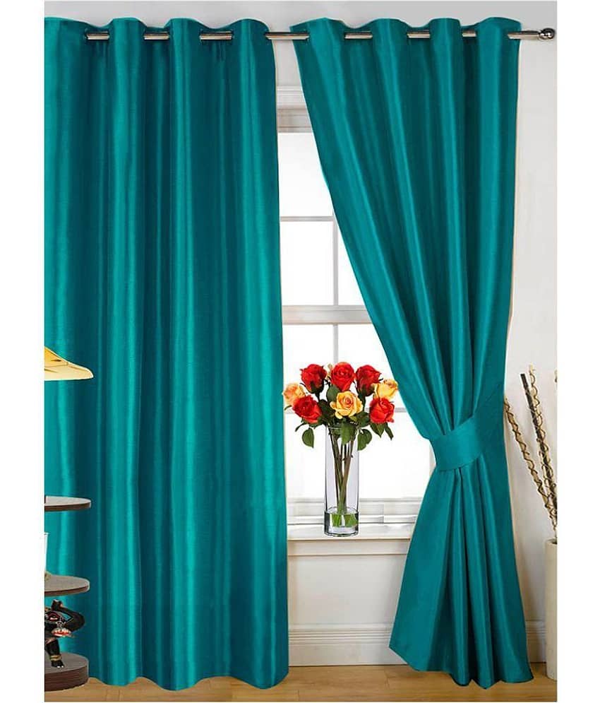 Panipat Textile Hub Solid Semi-Transparent Eyelet Door Curtain 7 ft Pack of 2 -Aqua