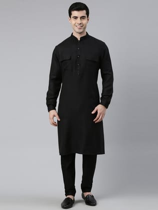 Black Cotton Pathani Kurta Set with Patch pocket-Made To Measure / Only Pathani - No Lowers