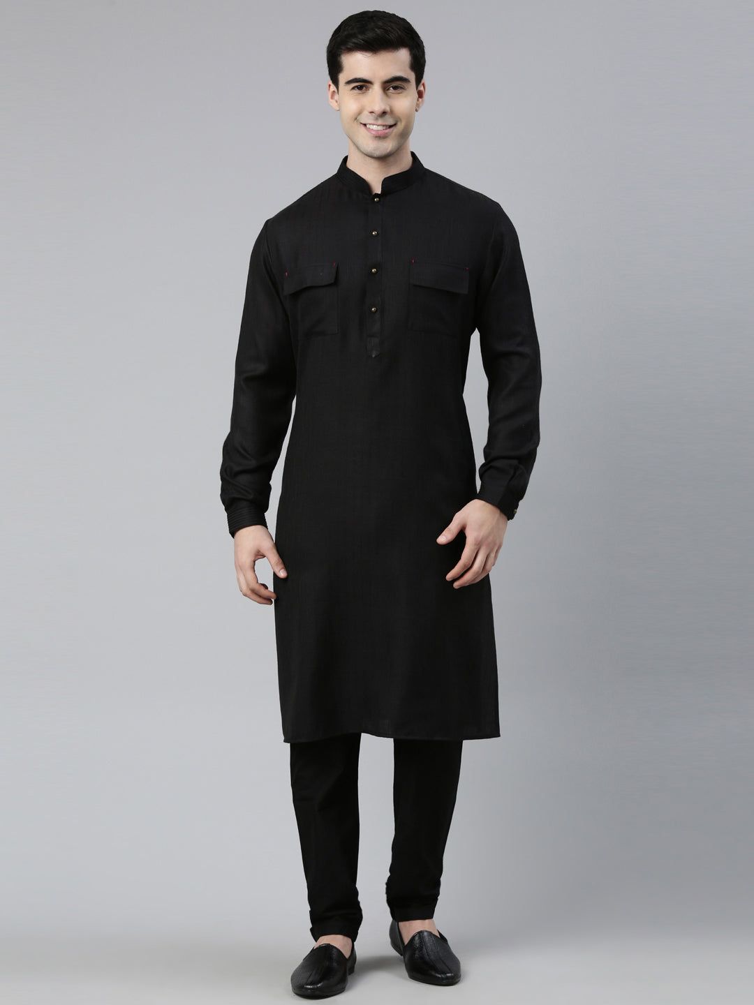 Black Cotton Pathani Kurta Set with Patch pocket-Made To Measure / Only Pathani - No Lowers