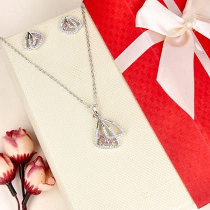 Pink Stone Diamond Rhodium Pendant Set - SIA446801_B