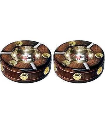 BuzyKart Wooden Premium Quality Antique Hand carved Round Ashtray (Set Of 2)