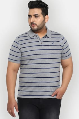 Men's Plus Size Polo Collar Striped T-Shirt - Grey Melange & Navy Blue-XXL / Grey Melange & Navy Blue