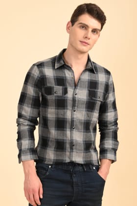 Plum - Dobby Check Shirt - Black-L-42 / BLACK