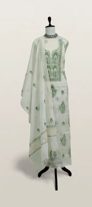 Chikankari Mul Chanderi Dress Material White Green Floral Chikankari Mul Chanderi Dress Material White Green Floral