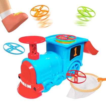 Train Flying Disc Launcher with 8 Discs, 2 Catch Nets, Step-On Fly and Catch Flying Saucer Set for Kids & Adults, Indoor Outdoor Play with Family and Friends
