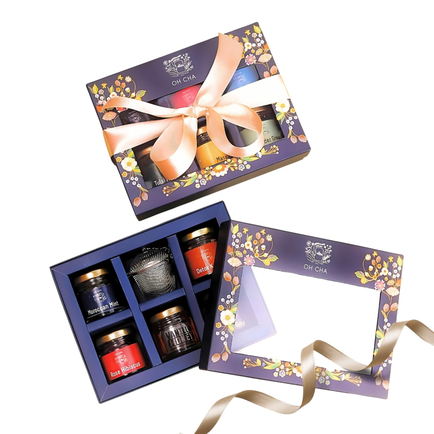 Oh Cha Tea Gift Box | Assorted Tea Gift Set with Tea Infuser & Honey | 4 Tea Flavors, Black Tea, Herbal Tea, Green Tea Loose Leaves | Gift for Men, Women | Birthday Gift, Anniversary Gift,  60 gm