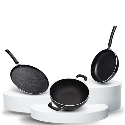 Non-Stick Cookware Set  3 Piece Kitchen Combo | 24 cm Fry Pan, 24 cm Kadhai with Steel Lid, 26 cm Flat Tawa | Gas Stove Compatible, Flame Safe & Durable