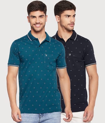 UNIBERRY Pack of 2 Cotton Blend Regular Fit Printed Half Sleeves Men's Polo T Shirt ( Teal Blue )