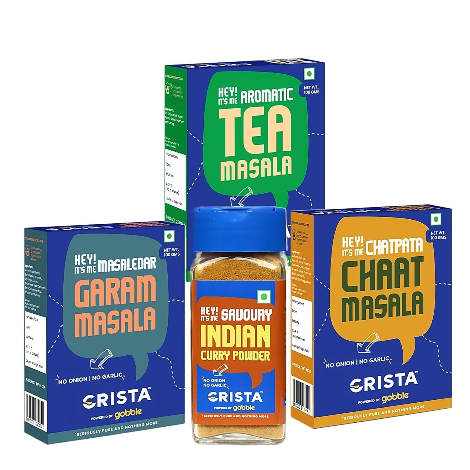 CRISTA Desi Multipurpose Seasonings Combo Pack (Chaat Masala 100 gm, Garam Masala 100 gm, Indian Curry Powder 45 gm & Tea Masala 100 gm) - Pack of 4