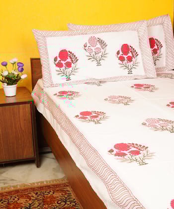 White red hand block printed cotton double bedsheet