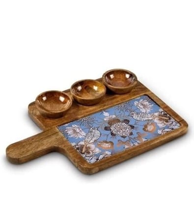 Wooden Serving Platter Mango Wood Platter Tray Printed Serving Platter with Handle Appetizer Plate Snacks Serving Platter with 3 Bowls, 16 X 10 inches Wooden Serving Platter Mango Wood Platter Tray Printed Serving Platter with Handle Appetizer Plate Snacks Serving Platter with 3 Bowls, 16 X 10 inches