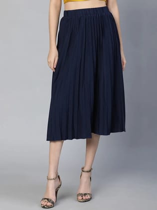 Women Solid Navy Blue Pleated & Elasticated  Polyester Skirt-M