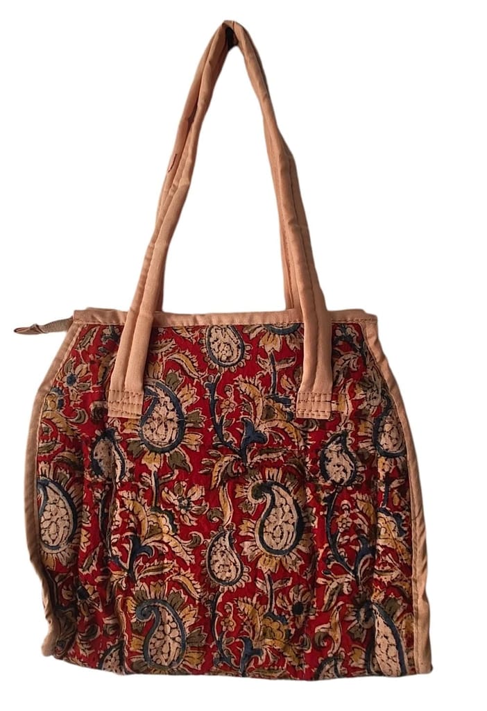 KALANKARI  Handcrafted Red and Blue Paisley Print Cotton Tote Bag with Zipper Closure and Double Handles