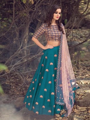 Sky Blue Colored Party Wear Embroidered Banglori Silk Lehenga