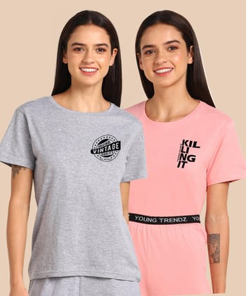 Womens Regular Fit  Combo Printed T Shirt-S / Gray Pink