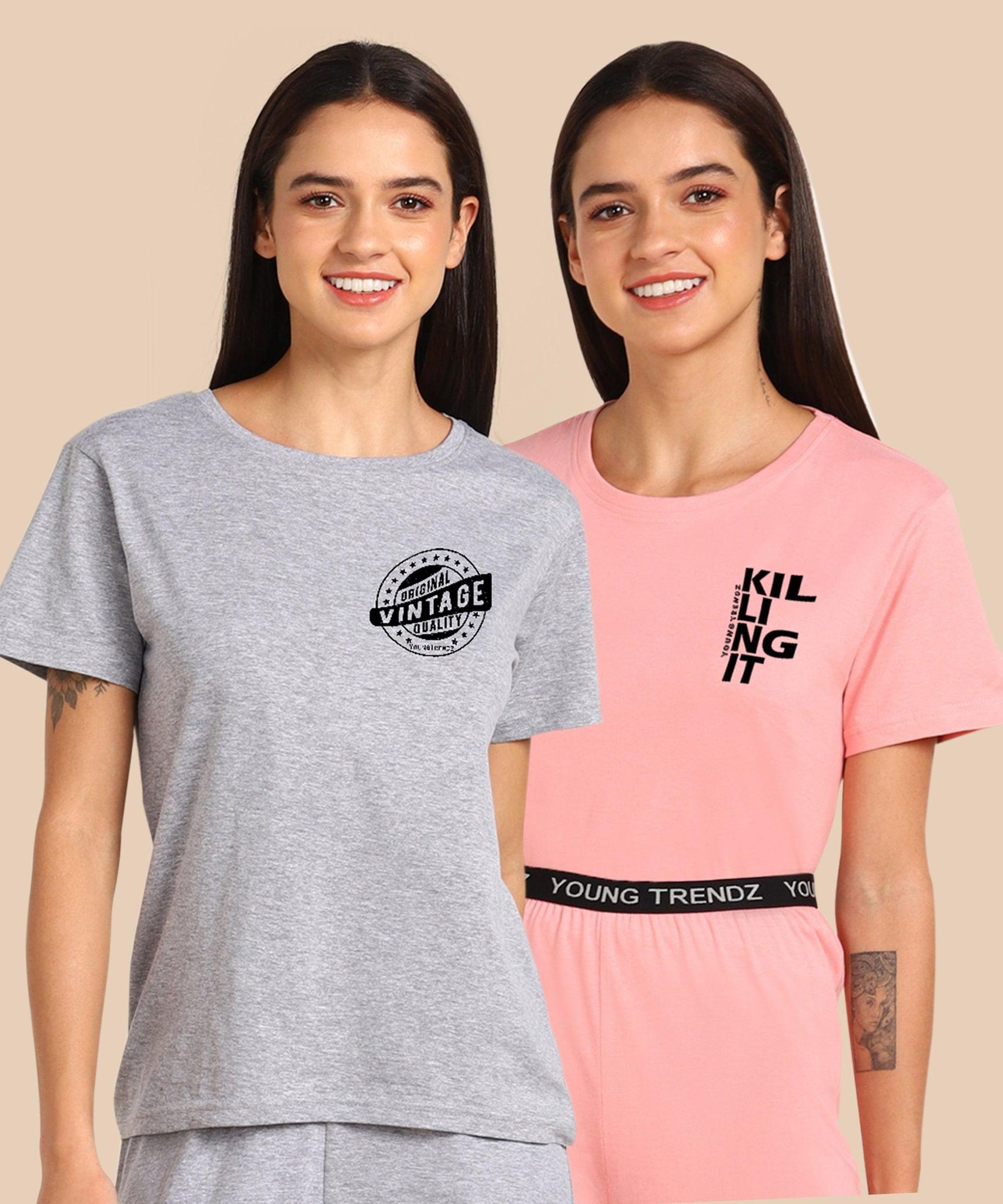 Womens Regular Fit  Combo Printed T Shirt-S / Gray Pink