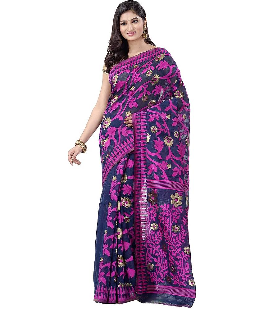Desh Bidesh Jamdani Saree With Unstitched Blouse Piece ( Blue,Purple )