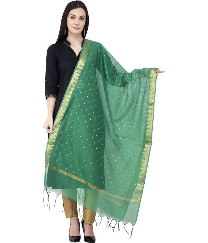 A R Silk Green Chanderi Hand Embroidered Dupatta - Single