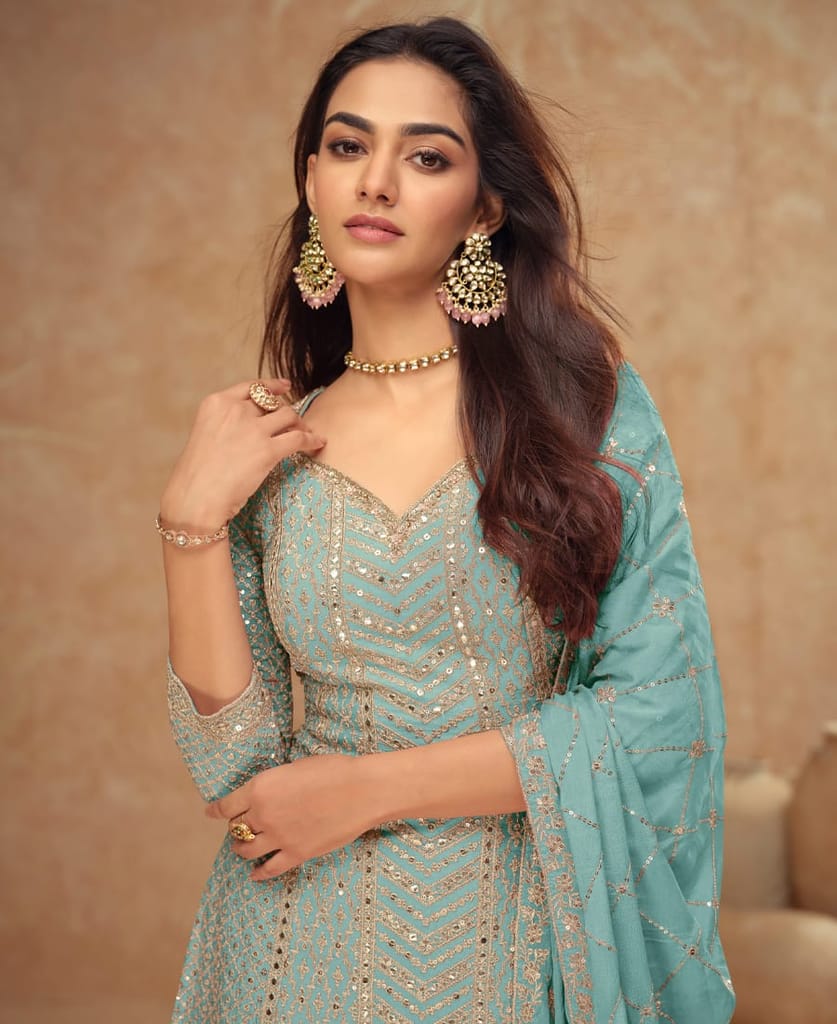 designer chinon palazzo set for women ethnic wear sky blue