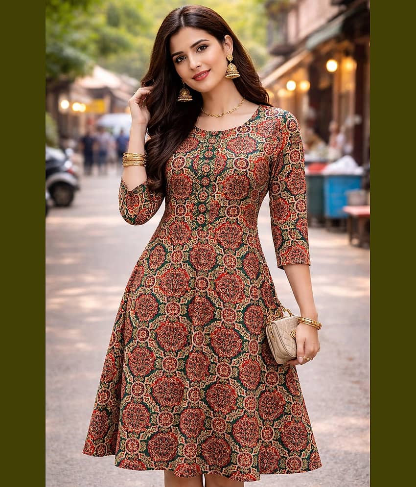 Urbanera Women Cotton Printed A-line Dress ( Multicolor 2 )
