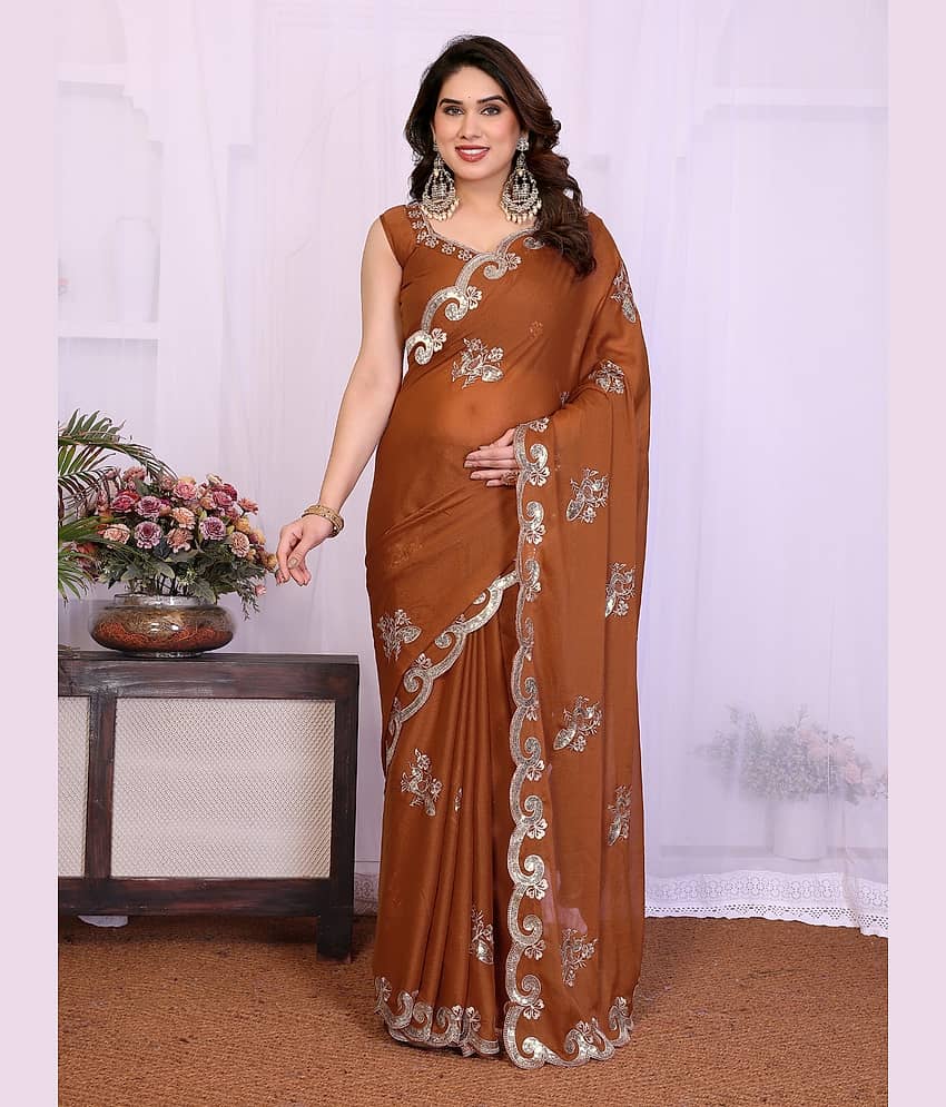 BLEESBURY Georgette Embroidered Regular Saree With Unstitched Blouse Piece ( Brown )