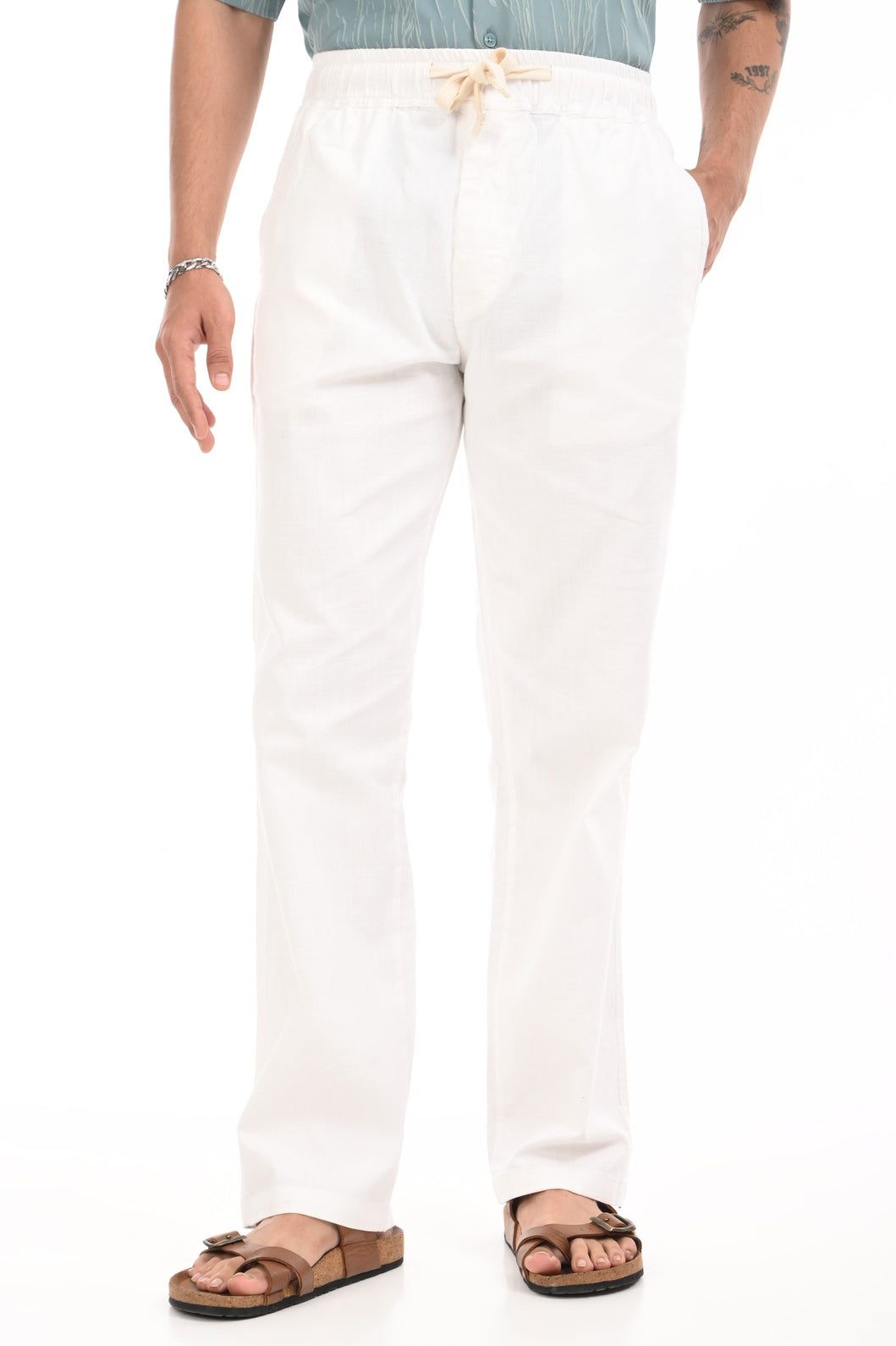Pristine White Linen Blend Straight Fit Trousers-32 / Pristine White