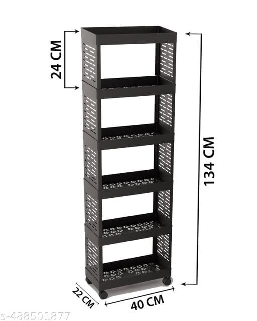 6 Layer Plastic Kitchen Storage Trolley Rack with Caster Wheels (Black, 6 Layer)