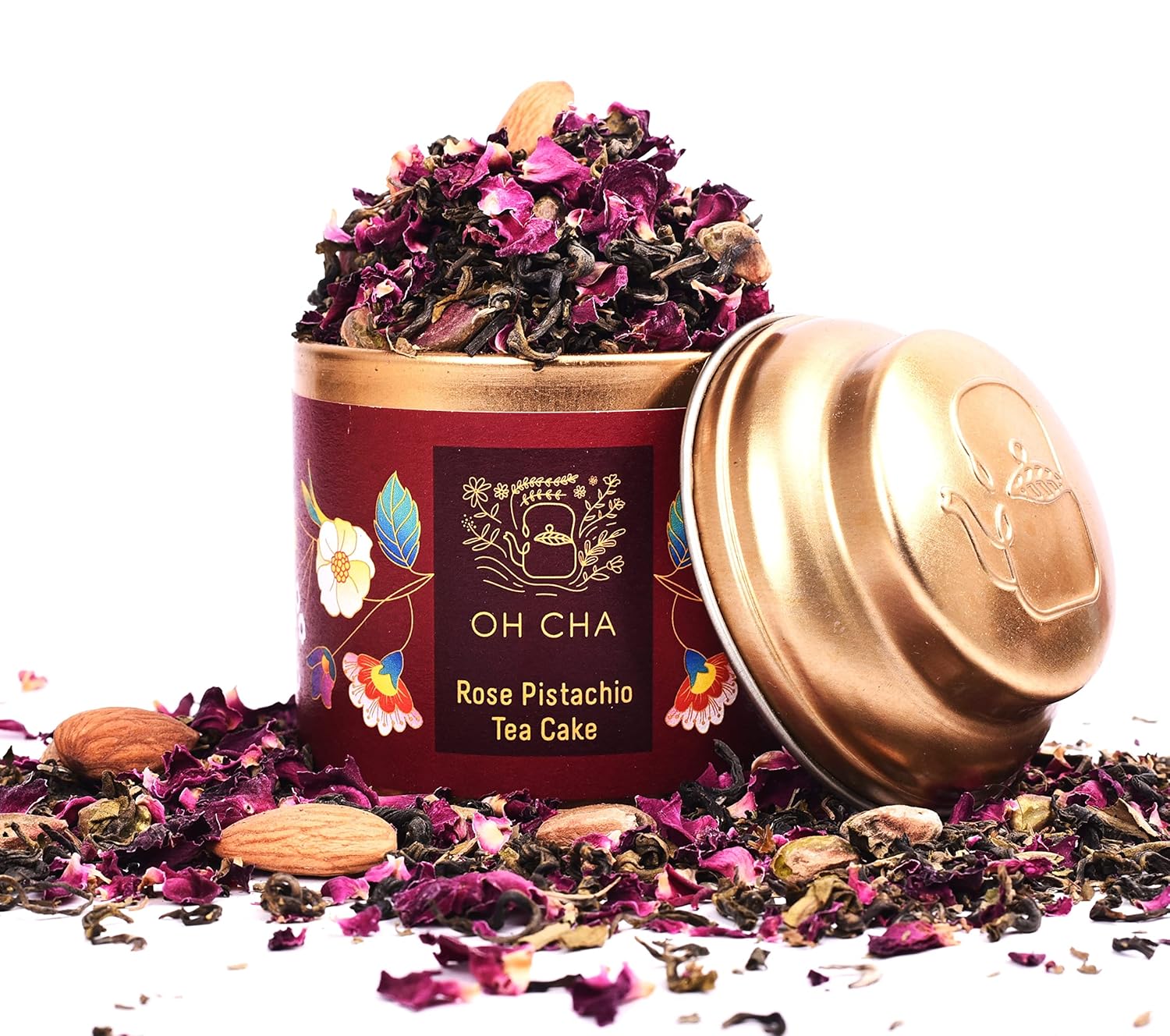 Oh Cha Rose Tea Pistachio | Rose Green Tea with Kashmiri Saffron, Sun-dried Natural Rose Petals, Pistachio, Cardamom & Stevia leaves | Natural Care Tea for Glowing Skin & Hair, 35 gm