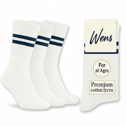 Wens White School Socks With Strips for Girls, Boys, Kids and Men of All Ages (Pack of 3) | Heavy Elastic, Streachable & Comfortable Fit | Calf Length Uniform Socks | Anti Odour   White with NAVY BLUE stripes