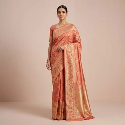 Peach Banarasi Satin Floral Embroidered Saree For Women