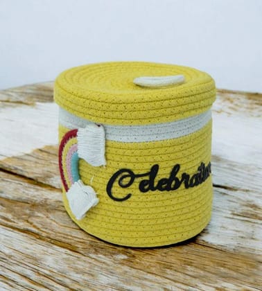 Yellow & White Cotton Rope Hamper Basket for Gifts - Pack of 1