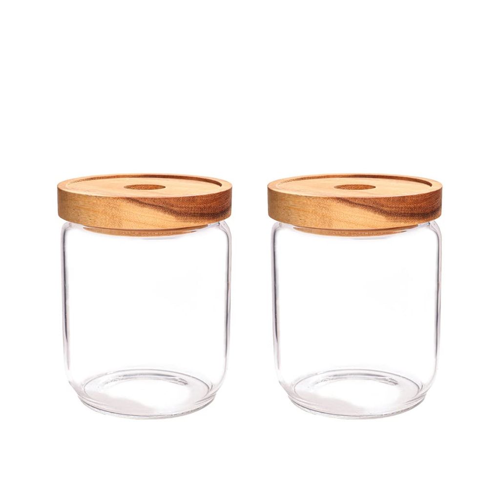 Femora Borosilicate Glass Jar with Bamboo Lid Air-Tight Jar, 450 ML, 2pcs,