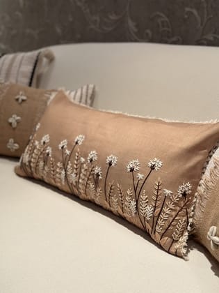 KRI India Melange Bloom Pampas Cushion Cover | Brown with off white and beige embroidery  | 12x18 inches  | Wash & Care | 100% Cotton | Handcrafted in India. 100% organic & natural.
