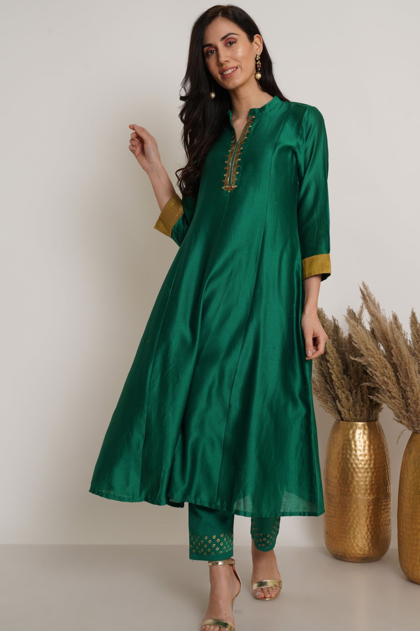 Green Chanderi Kurta Set of 2-S