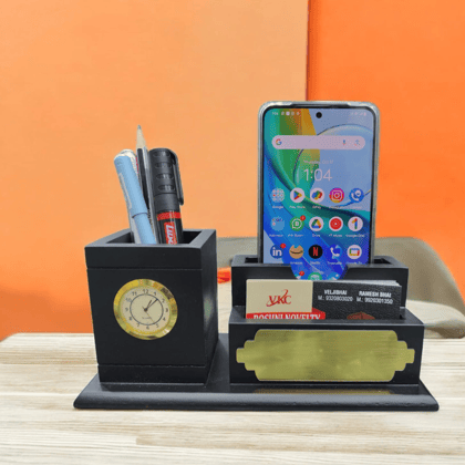 Customized Black Pen and Phone Holder With Clock