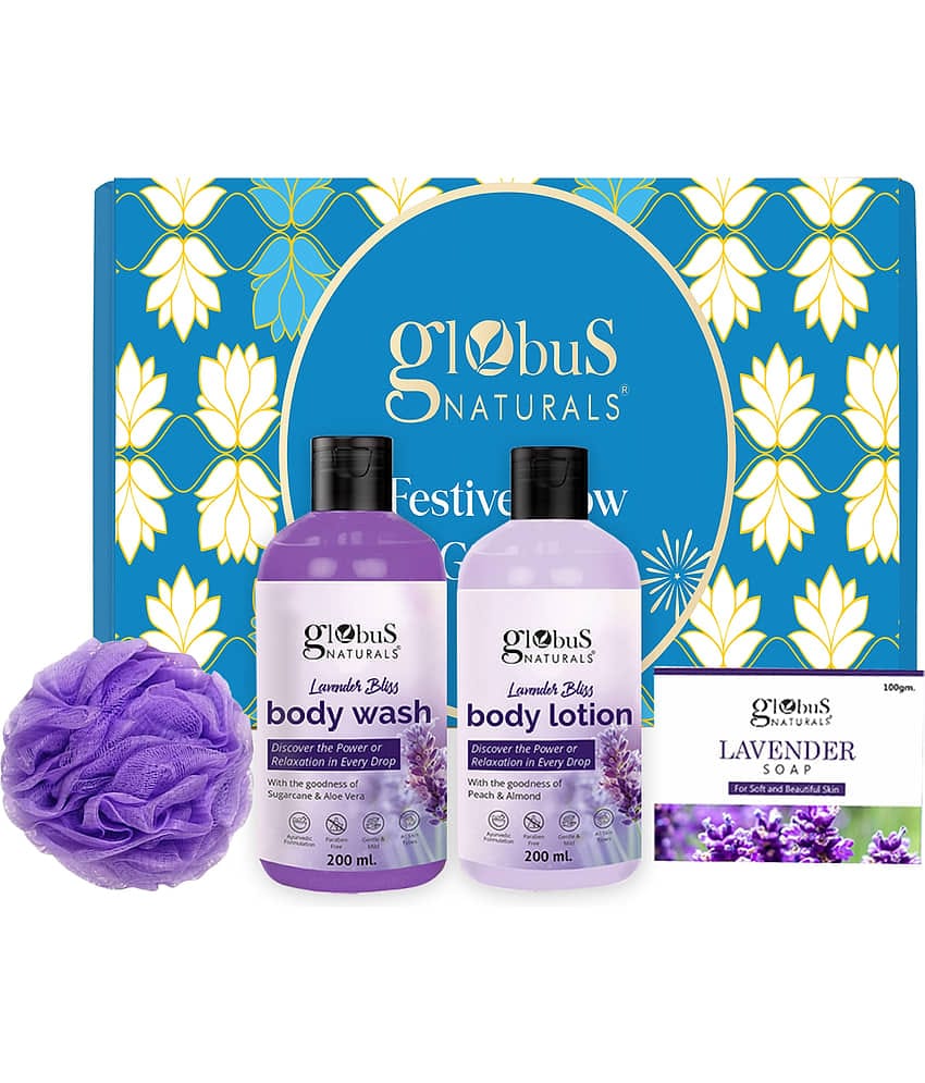 Globus Naturals Lavender Haven Essentials Bath & Body Gift Hamper Set of 4, Box includes - Lavender Body wash 200ml, Lavender Lotion 200ml, Lavender Soap 100gm, Loofah