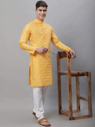 Men's Silk Blend Mustard Kurta With Multi Color Embroidery and Off-White Pyjama-36