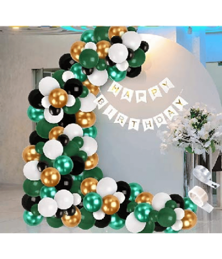 Jolly Party  Colorful White Bunting Banner(13)+Metallic Balloons Green 40+Golden 30+White 30+Balloon Glue Dots 100(1)+Balloon Arch Garland(1)