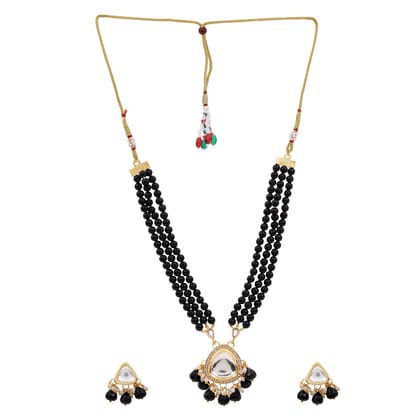 Nilu's Collection Elegant Triple-Layer Black Moti Necklace with Pearl Drop Earrings for womens and girls