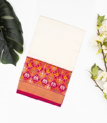 White Handloom Ikat Silk Saree With Contrast Pink Border-White