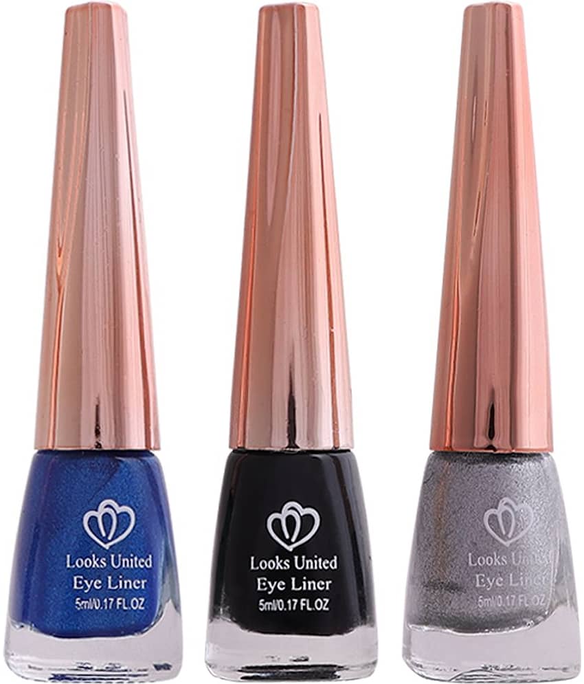 Looks United Metallic Long Lasting Intense Single Stroke Fashion Eyeliner (Matallic Admiral Blue, Coal Black, Pearl River Silver)Pack Of 3