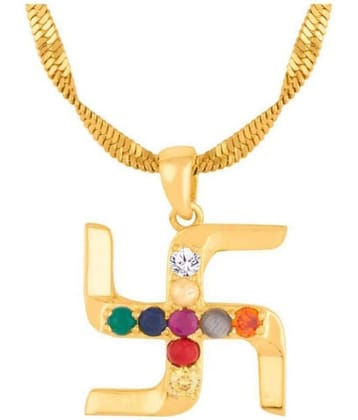 Navratan Swastik Pendant 24Ct Gold Plated With Real Semi-Precious solitaire With Gold Plated Chain