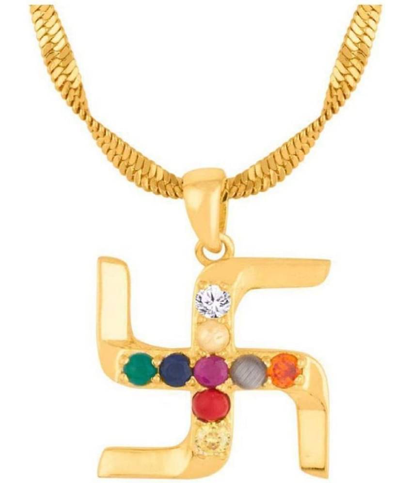 Navratan Swastik Pendant 24Ct Gold Plated With Real Semi-Precious solitaire With Gold Plated Chain