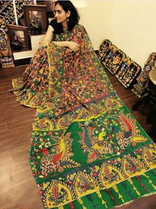 Green Color Kalamkari Linen Digital Printed Sari 1204