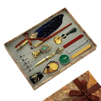 Vintage Feather Pen Quill Pen Set with ink, Wax Stamp, 5 Replacement Nibs, 3 Sticks, spoon for Valentine and Birthday Gift
