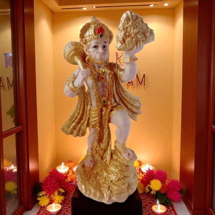 AMS Hanuman Ji Marble Dust Statue Bajrangbali Anjaneya Idol Lifting Dronagiri Mountain for Home Decorative Showpiece and Gifting Figurine 33 * 18 * 13.5 cms